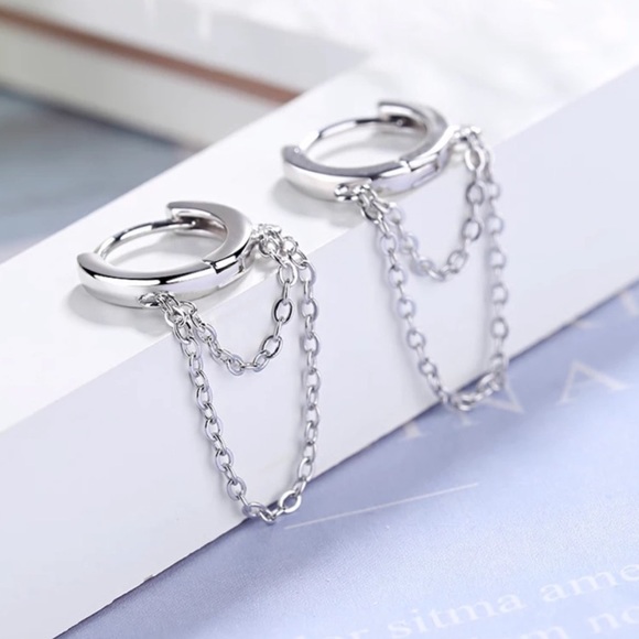 NEW 925 STERLING SILVER CHAIN HOOP EARRINGS, WONDERFUL EARRINGS, WOW EARRINGS - Picture 2 of 5